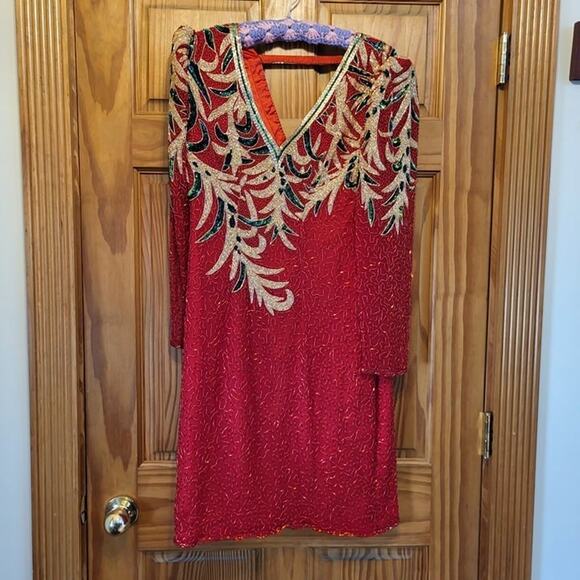 VINTAGE 80's Red Long Sleeve Beaded Sequin Dress small - Picture 1 of 10